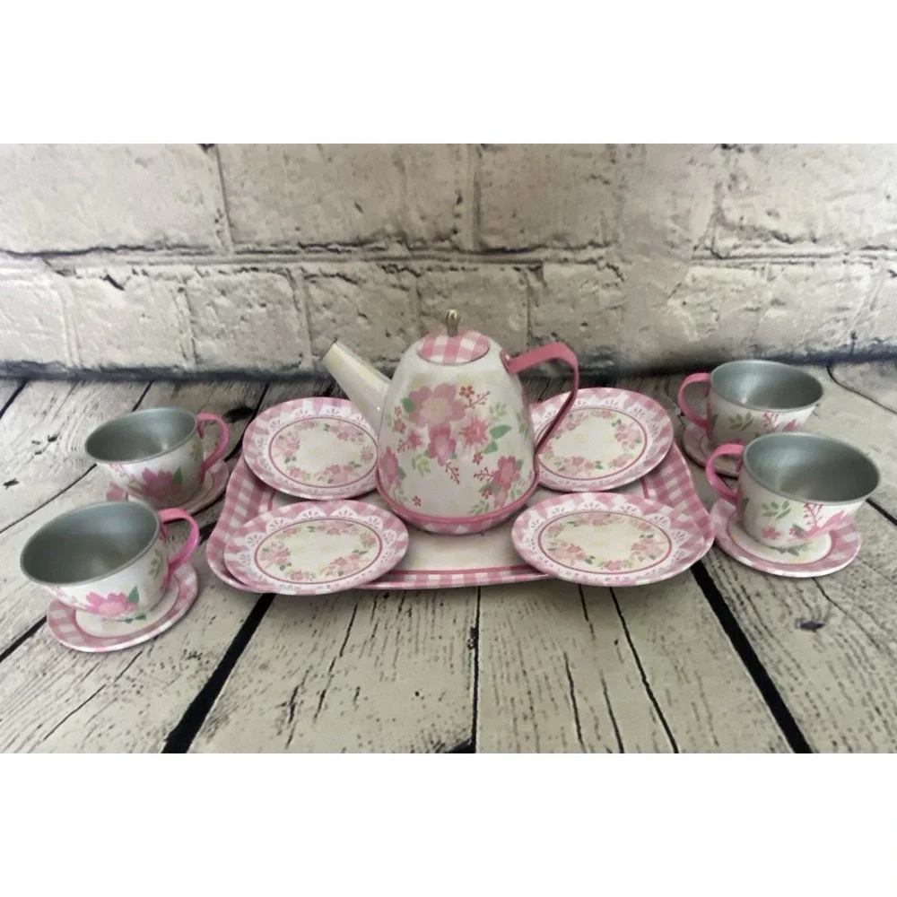 Schylling 15 Piece Tin Tea Set Fancy Tea Teapot Teacups/Saucers Pink Flower 2017